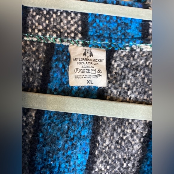 Artesanias Mickey Baja Hoodie Mens XLarge Blue Striped Acrylic Drug Rug Pullover - Picture 2 of 6